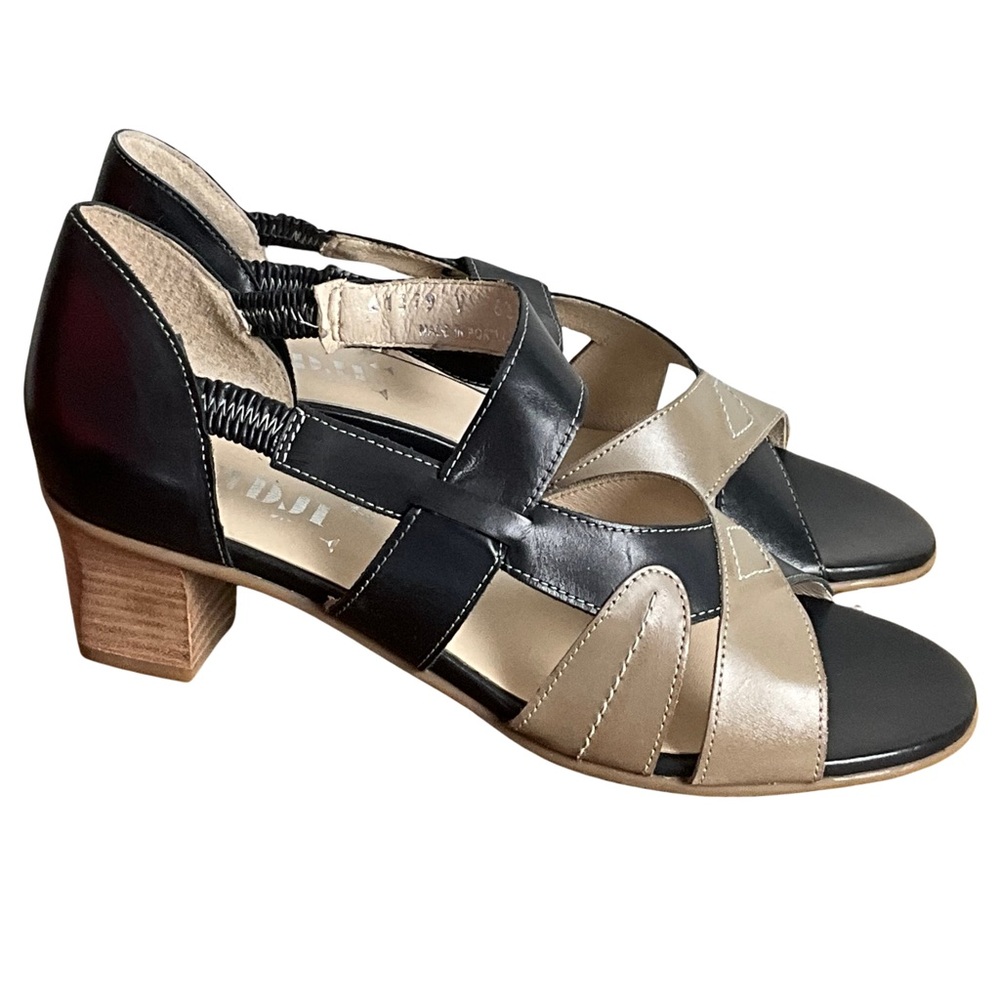 Fidji Black and Taupe Leather Heeled Sandals, New in Box